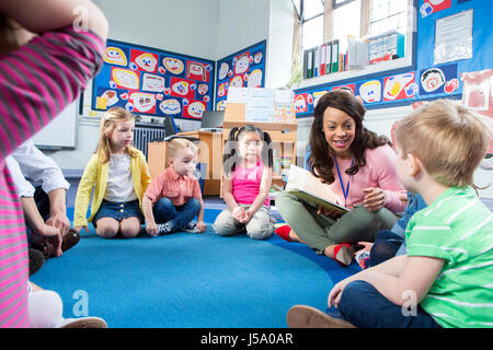 Group of nursery children sitting on the floor in their classroom. The teacher is reading from a book. Stock Photo