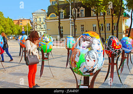 KYIV, UKRAINE - MAY 01, 2017: Painted eggs. Street festival of large Easter eggs on Mikhailovska Square Stock Photo