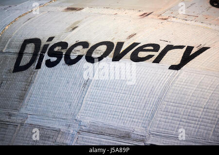 discovery sign on flexible insulation blanket tiles heat shield space shuttle usa Stock Photo