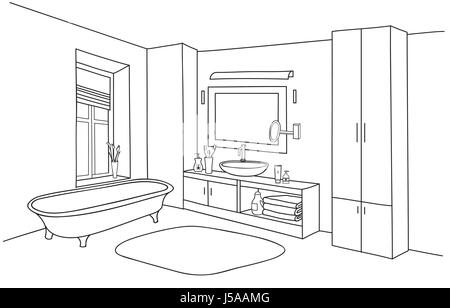 Bathroom interior sketch. Room view with doodle drawn furniture Stock