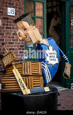 Metal sculpture of a Toronto Maple Leafs goalie, goalkeeper, goaler, goltender, player, The Distillery Historic District, Toronto, Ontario, Canada. Stock Photo