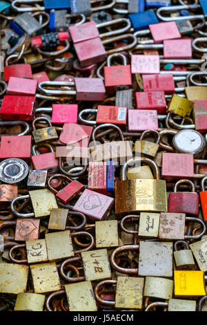 Close-up of love locks in The Distillery Historic District, Toronto, Ontario, Canada. Background, love concept, valentines, padlocks, symbolic, symbol Stock Photo