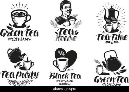 Tea label set. Drink, teapot icon or logo. Handwritten lettering vector illustration Stock Vector