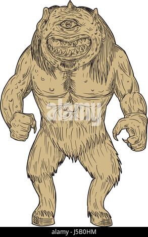 Drawing sketch style illustration of a cyclops, a member of a primordial race of giants, with a single eye in the center of his forehead in Greek and Stock Vector