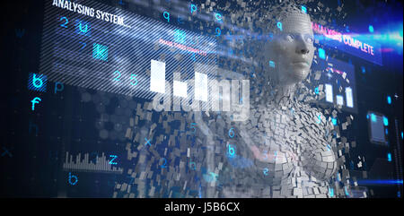 Close-up of gray pixelated 3d female against virus background Stock Photo
