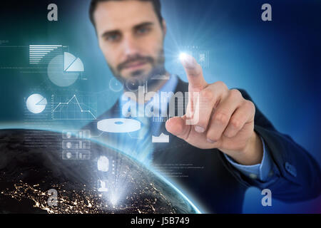 Businessman using imaginative digital screen against blue background with vignette Stock Photo