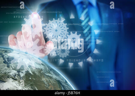 Midsection of businessman using futuristic digital screen against blue background with vignette Stock Photo