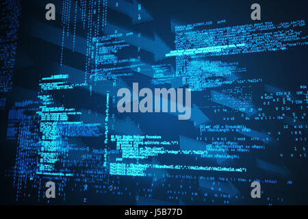 Blue codes against shiny arrows on black background Stock Photo