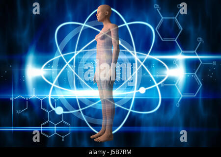 Full length of brown 3d woman against blue technology design with circles Stock Photo