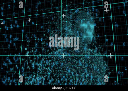 Digitally generated pixelated 3D male against grey matrix Stock Photo