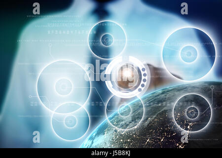 Businessman using digital screen against blue background with vignette Stock Photo