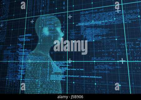 Side view of 3d woman against blue matrix and codes Stock Photo