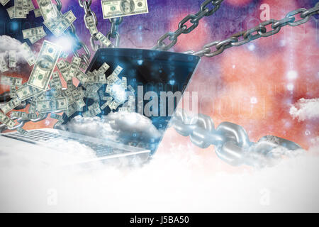 3d image of metallic silver chains intersecting against clouds over binary coded screen Stock Photo