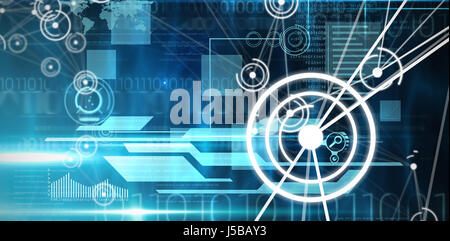 Futuristic black background with circles against blue and black technology interface Stock Photo