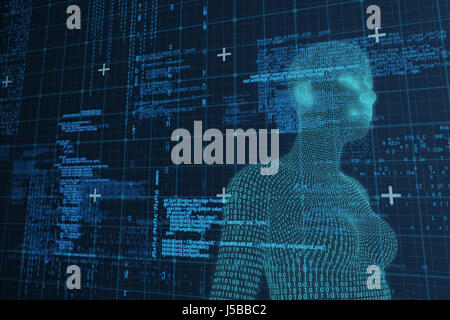 Digital close-up image of 3d female against blue data and matrix Stock Photo