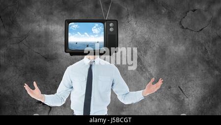 Digital composite of TV on businessman's head Stock Photo