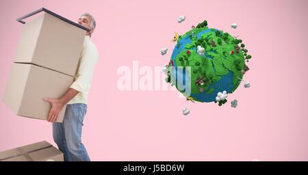 Digital composite of Delivery man lifting parcels by low poly earth Stock Photo