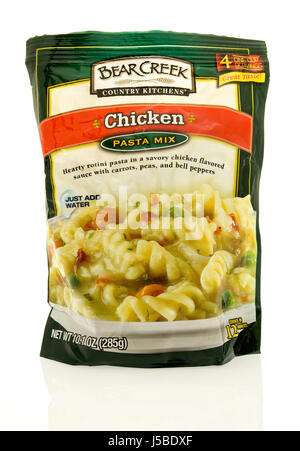Winneconne, WI - 15 May 2017: A package of Bear Creek Country Kitchens chicken pasta mix on an isolated background. Stock Photo