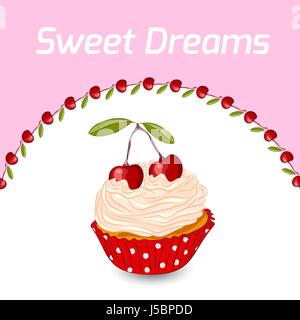 Cupcake with whipped cream and cherry. Vector birthday greeting card or invitation template. Sweet dreams concept. Stock Vector