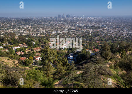 view of downtown LA from observation deck, Griffith Observatory, Griffith Park, Los Angeles, California Stock Photo