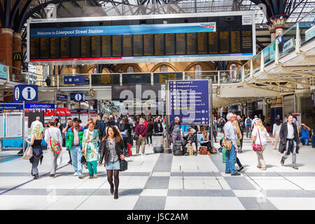 London, UK - June 21, 2016: inside of the Liverpool Street Station with unidentified people. It is the 3rd-busiest railway station in the UK after Wat Stock Photo