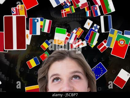 Digital composite of flags flaying over the woman head. earth back Stock Photo