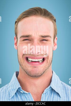 Digital composite of Man crying against blue background Stock Photo