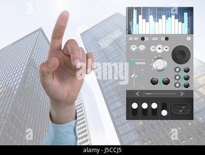 Digital composite of Hand pointing with Sound Music and Audio production engineering equalizer App Interface in city Stock Photo