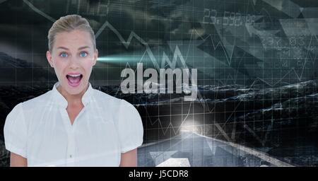 Digital composite of Shocked businesswoman with mouth open against data Stock Photo