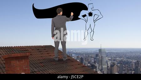Digital composite of Rear view of businessman on roof drawing super hero in midair Stock Photo