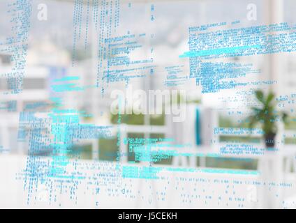 Digital composite of Blue code against blurry white office Stock Photo