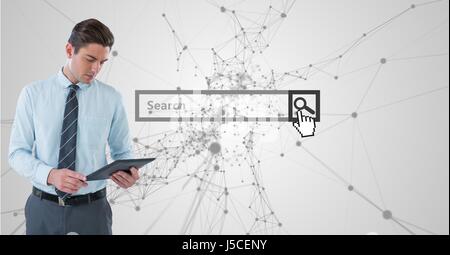 Digital composite of Businessman holding tablet PC with search screen in background Stock Photo
