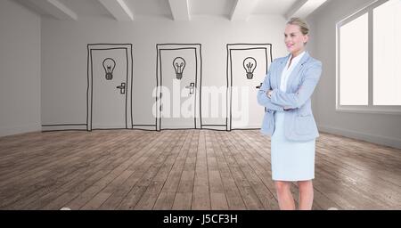 Digital composite of Businesswoman with arms crossed against drawn light bulbs on doors Stock Photo