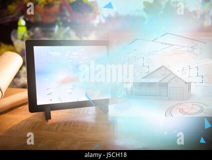 Digital composite of house 3D blueprint going out from tablet Stock Photo