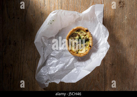 Above view of a homemade mushroom quiche. Stock Photo