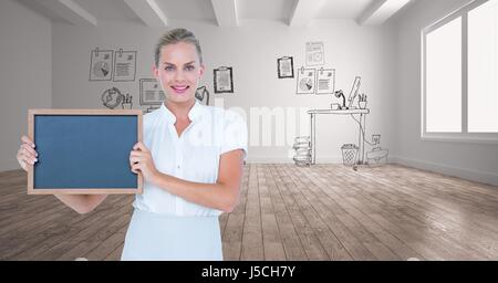 Digital composite of Businesswoman holding slate against graphics Stock Photo