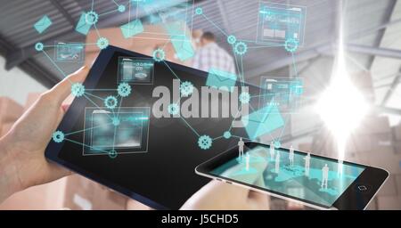 Digital composite of Close-up of hands using technologies Stock Photo