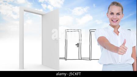 Digital composite of Smiling woman showing thumbs up against real and drawn doors Stock Photo