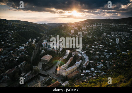 Aerial view from the cable car of Chiatura at sunset. Georgia. Stock Photo