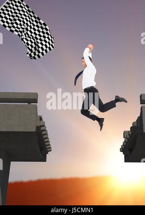 Digital composite of businessman jumping to catch the checker flag Stock Photo