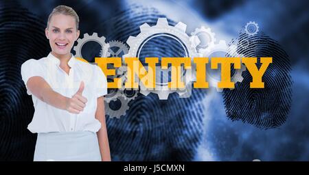 Digital composite of Businesswoman showing thumb up against text Stock Photo
