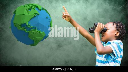 Digital composite of Girl pointing while looking at low poly earth through binoculars Stock Photo