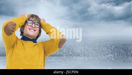 Digital composite of Angry hipster pulling hair Stock Photo
