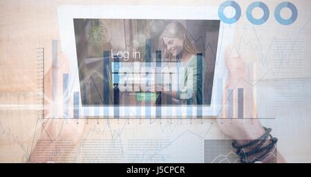 Digital composite of Close-up of hands using digital tablet with overlay Stock Photo