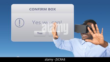 Digital composite of Businessman looking at confirm box on VR glasses Stock Photo