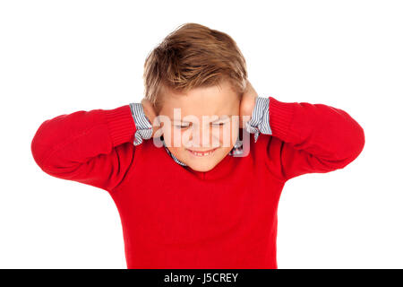 Little kid covering the ears isolated on a white background Stock Photo