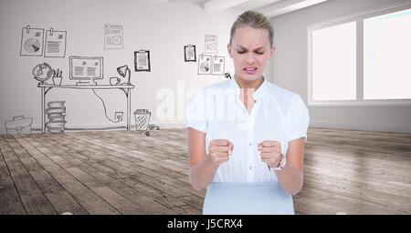 Digital composite of Angry businesswoman looking at fists against graphics Stock Photo