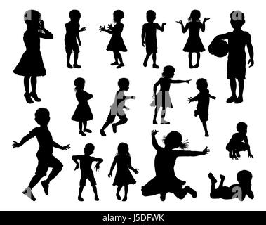 A set of high quality detailed silhouettes of kids or children in various poses Stock Photo