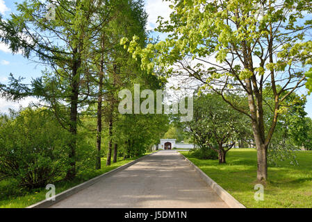 PSKOV, RUSSIA - MAY 17, 2016: Alley in the Holy Transfiguration Mirozh monastery Stock Photo