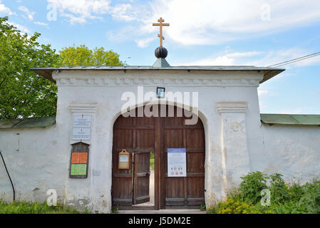 PSKOV, RUSSIA - MAY 17, 2016: The gate at the Holy Transfiguration Mirozh monastery Stock Photo